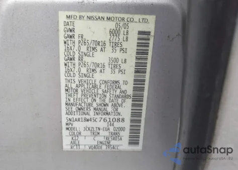 2005 Nissan Pathfinder Se z USA, uszkodzony, nr VIN 5N1AR18W45C761088